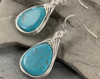 Turquoise Drop Earrings Silver, Wire Wrapped Blue Howlite Dangle Earrings, Turquoise Jewelry Gift for Women,  Blue Stone Earrings