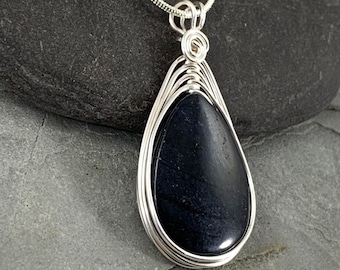 Navy Blue Dumortierite  Necklace, Indigo Gemstone Pendant with chain, Healing Stone for Resilience, Courage and Patience