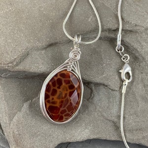 Natural Fire Agate Necklace, Boho Fire Agate Pendant Gift for Women, Orange Stone Wire Wrapped in a Boho Style,  Handmade Gemstone Jewelry