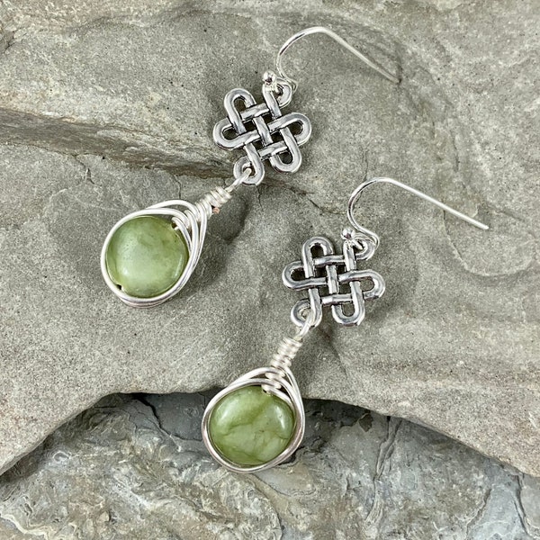 Connemara marble Celtic Knot Earrings for women, Green Gemstone Dangle Earrings, Celtic Jewelry, Ireland gemstone, Handmade  Irish Gifts