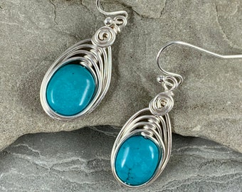 Genuine Turquoise Dangle Earrings for Women, Wire Wrapped Silver Turquoise Jewelry, December Birthstone Gift for Her