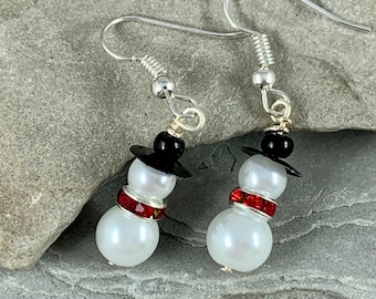 Pearl Snowman Earrings,  Christmas Stocking Stuffer for women and girls, Winter Holiday Jewelry, Hypoallergenic