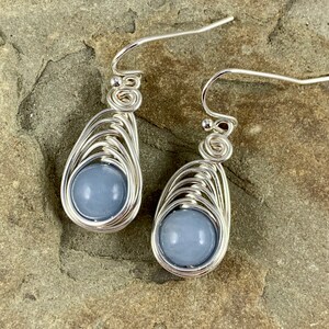 Silver Dangle Angelite Earrings, Genuine Gemstone, Spiritual Healing Crystal Jewelry, Wire Wrapped, Peaceful Energy, Calming Soothing image 1