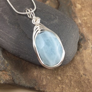 Aquamarine Pendant, Large Aquamarine Stone Necklace, Faceted Genuine Gemstone, Wire Wrapped on a Silver Chain March Birthstone image 1