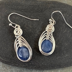 Blue Kyanite Earrings Silver Drop,  Kyanite Jewelry for Women, Natural Genuine Gemstone, Wire Wrapped Stone Earrings