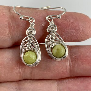 Dainty Natural Peridot Earrings for Women, Wire wrapped Green Gemstone Dangle Earrings, August Birthstone Gift for Her image 2