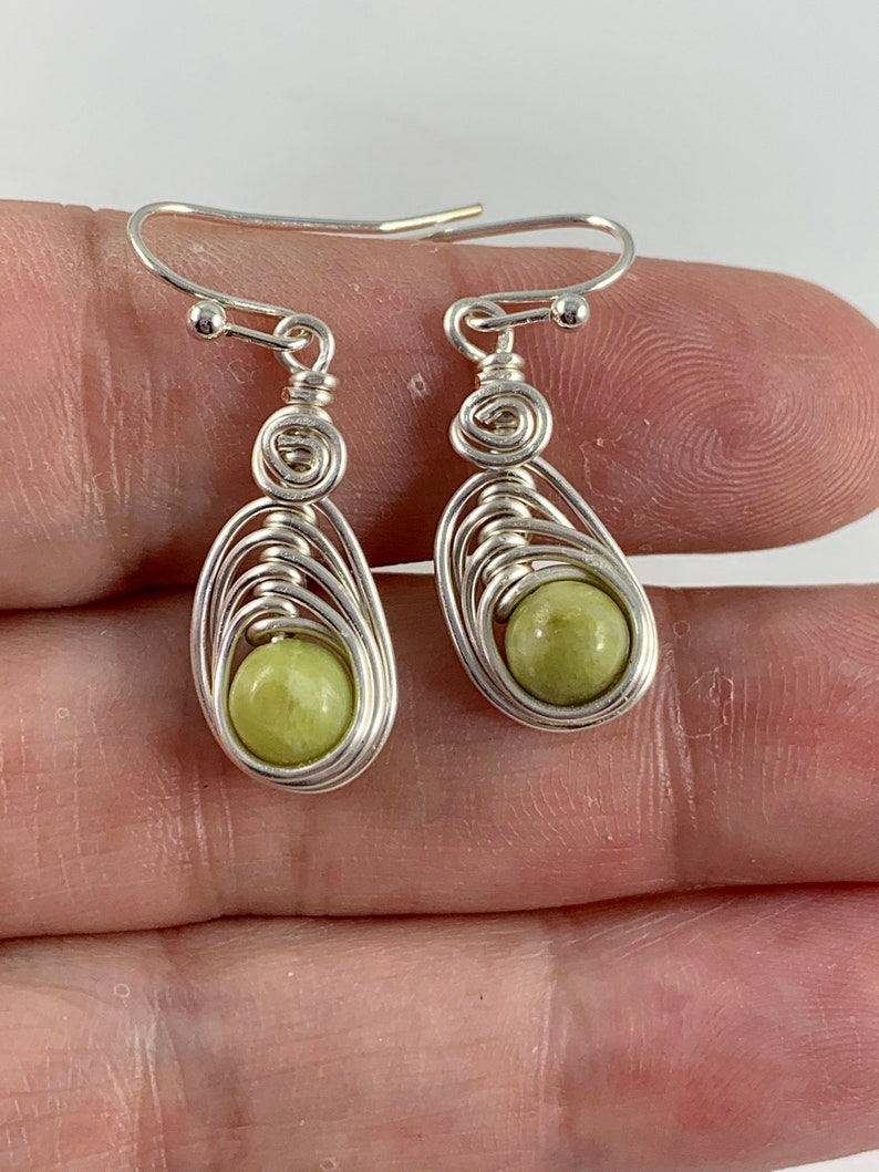 Dainty Natural Peridot Earrings for Women, Wire wrapped Green Gemstone Dangle Earrings, August Birthstone Gift for Her image 2