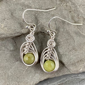 Dainty Natural Peridot Earrings for Women, Wire wrapped Green Gemstone Dangle Earrings, August Birthstone Gift for Her image 1