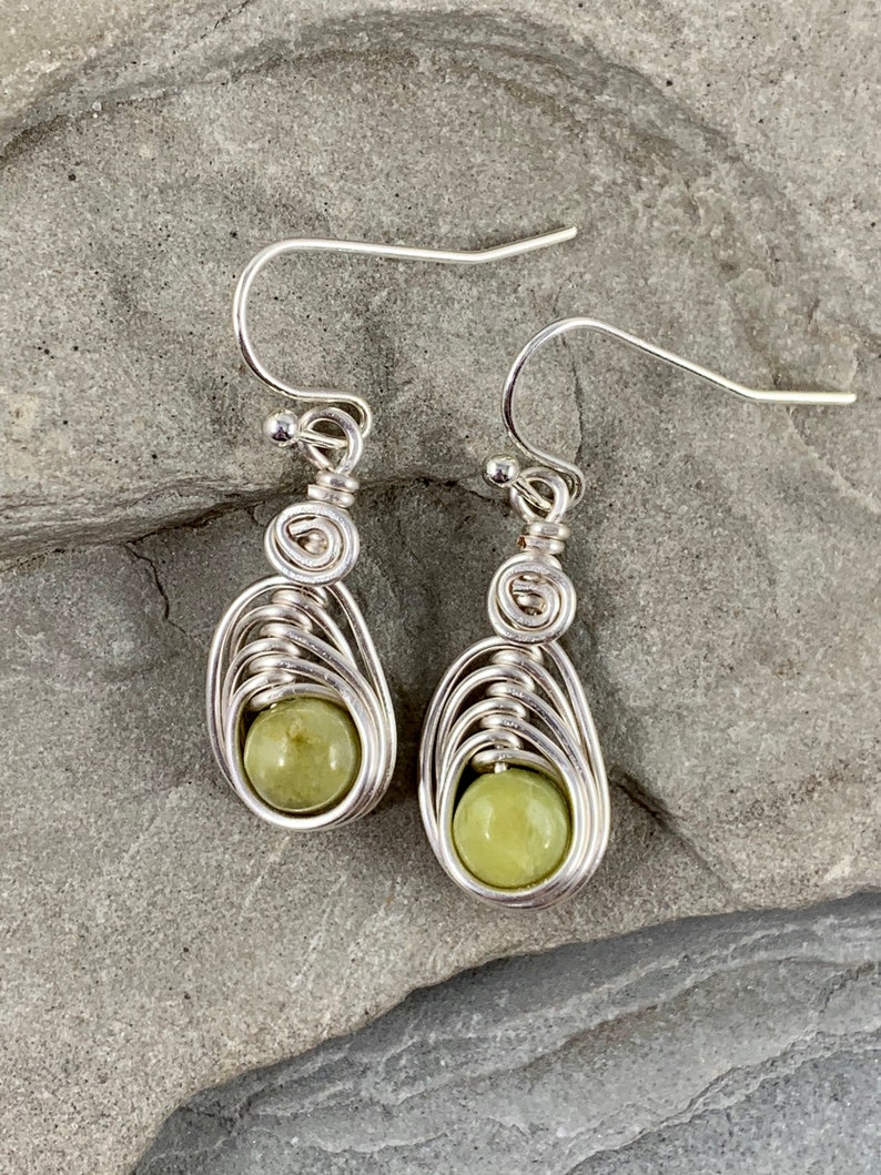Dainty Natural Peridot Earrings for Women, Wire wrapped Green Gemstone Dangle Earrings, August Birthstone Gift for Her image 1