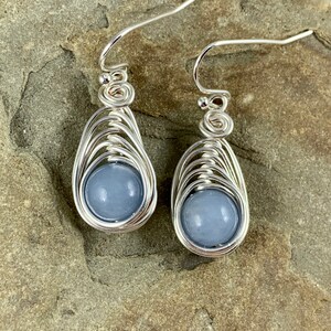 Silver Dangle Angelite Earrings, Genuine Gemstone, Spiritual Healing Crystal Jewelry, Wire Wrapped, Peaceful Energy, Calming Soothing image 6