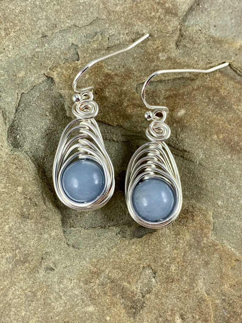 Silver Dangle Angelite Earrings, Genuine Gemstone, Spiritual Healing Crystal Jewelry, Wire Wrapped, Peaceful Energy, Calming Soothing image 6