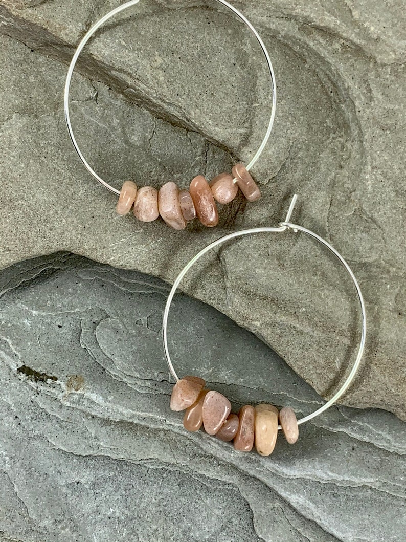 Sunstone Silver Hoops, Sterling Silver Beaded Hoop Earrings, Genuine Gemstone, 35mm Medium Hoops, Hypoallergenic Lightweight image 5