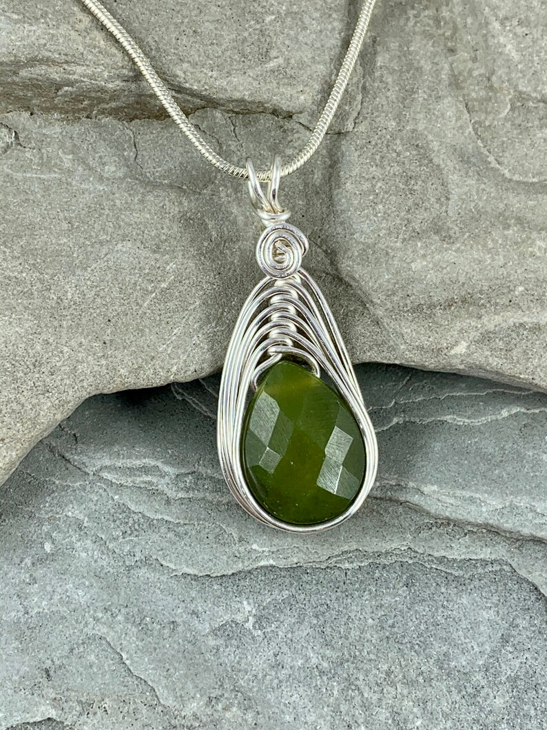 Green Jade Necklace for Women, Faceted Jade Pendant Gift for Her, Dainty Teardrop Gemstone Drop, Green Jade Jewelry image 1