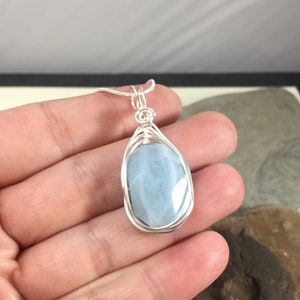 Aquamarine Pendant, Large Aquamarine Stone Necklace, Faceted Genuine Gemstone, Wire Wrapped on a Silver Chain March Birthstone image 2