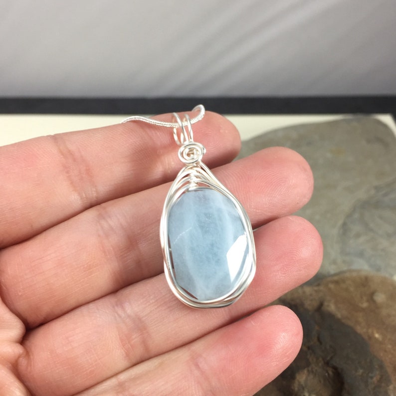 Aquamarine Pendant, Large Aquamarine Stone Necklace, Faceted Genuine Gemstone, Wire Wrapped on a Silver Chain March Birthstone image 2