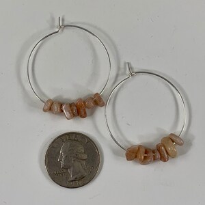 Sunstone Silver Hoops, Sterling Silver Beaded Hoop Earrings, Genuine Gemstone, 35mm Medium Hoops, Hypoallergenic Lightweight image 3