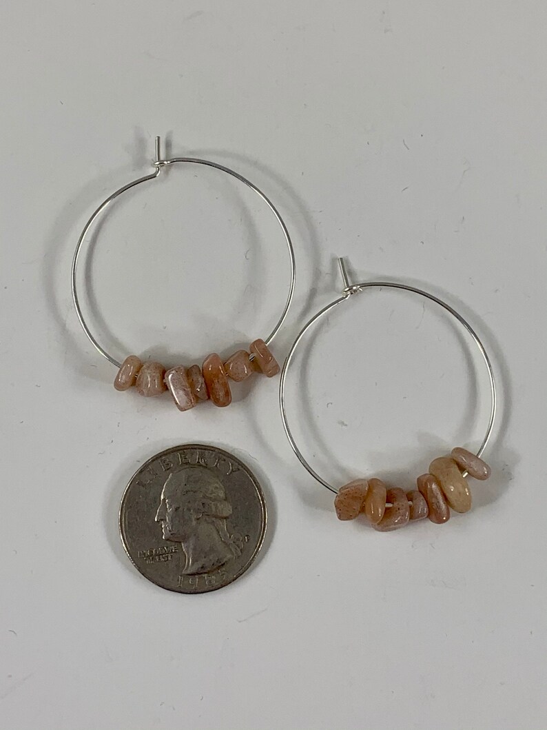 Sunstone Silver Hoops, Sterling Silver Beaded Hoop Earrings, Genuine Gemstone, 35mm Medium Hoops, Hypoallergenic Lightweight image 3