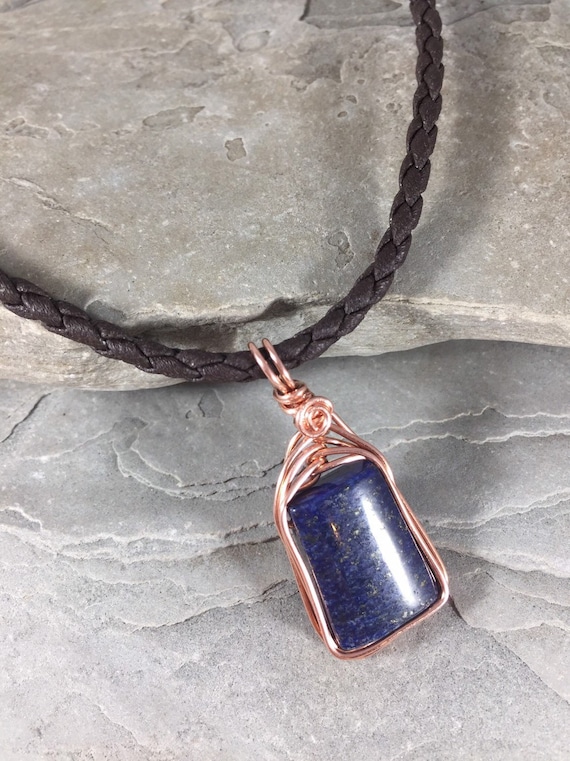 Lapis Lazuli Copper Necklace for Men, Braided Leather Necklace, September  Birthstone, Blue Stone Jewelry, Gift for Boyfriend, 