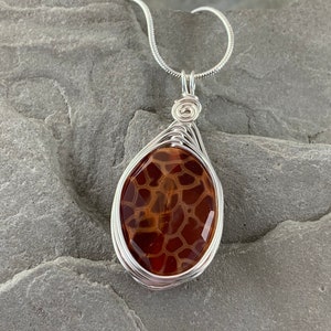 May include: A silver chain necklace with a brown agate pendant wrapped in silver wire. The agate has a unique pattern of brown and white.