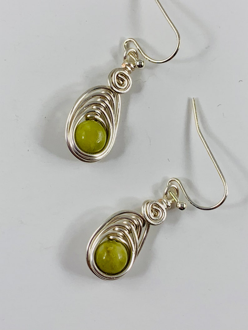 Dainty Natural Peridot Earrings for Women, Wire wrapped Green Gemstone Dangle Earrings, August Birthstone Gift for Her image 3