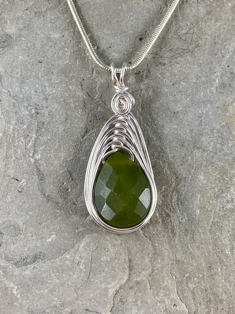 Green Jade Necklace for Women, Faceted Jade Pendant Gift for Her, Dainty Teardrop Gemstone Drop, Green Jade Jewelry image 2