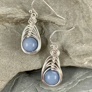 Silver Dangle Angelite Earrings, Genuine Gemstone, Spiritual Healing Crystal Jewelry, Wire Wrapped, Peaceful Energy, Calming Soothing image 2