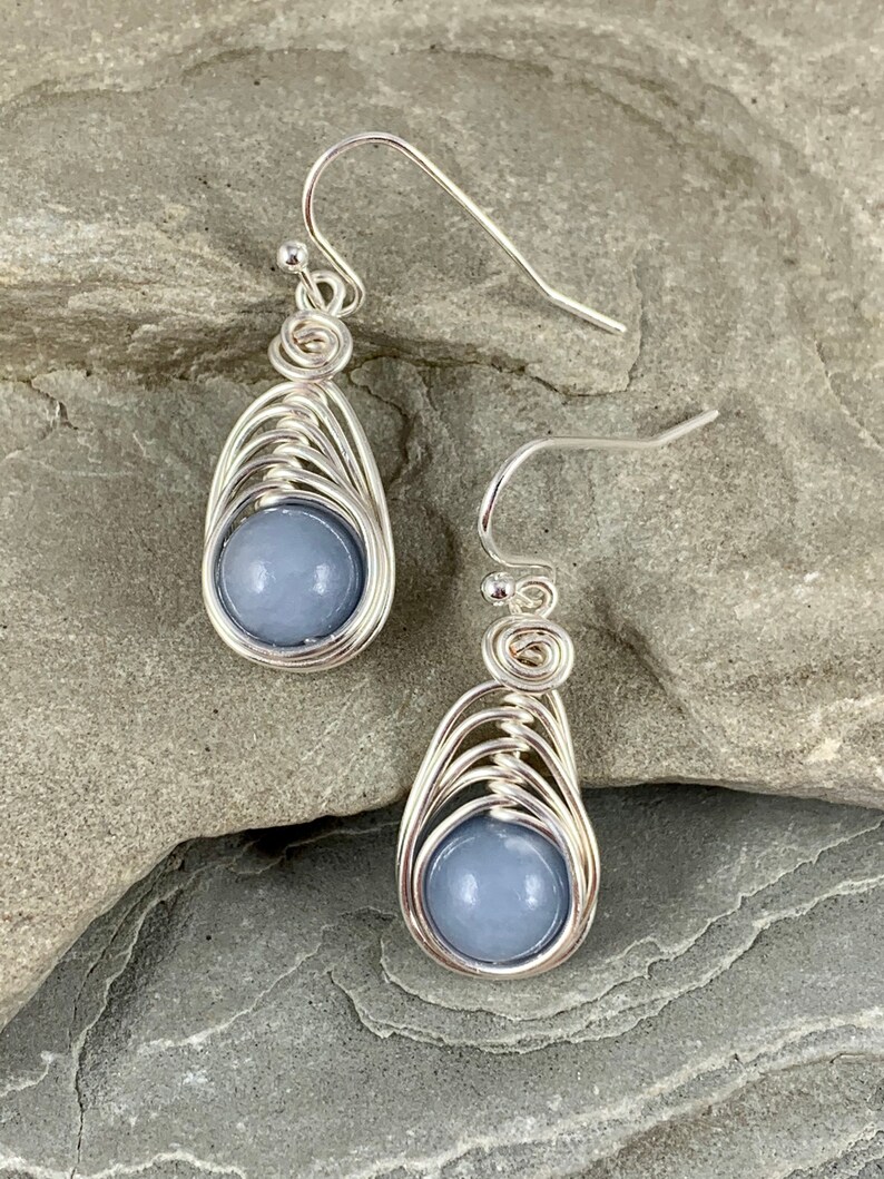 Silver Dangle Angelite Earrings, Genuine Gemstone, Spiritual Healing Crystal Jewelry, Wire Wrapped, Peaceful Energy, Calming Soothing image 2