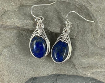 Natural Lapis Earrings, Cobalt Blue Drop Earrings, Lapis Lazuli Jewelry, Wire Wrapped Stone, Genuine Gemstone, Gift for Women