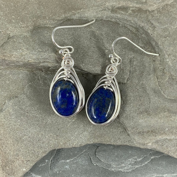 Natural Lapis Earrings, Cobalt Blue Drop Earrings, Lapis Lazuli Jewelry, Wire Wrapped Stone, Genuine Gemstone, Gift for Women
