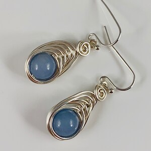 Silver Dangle Angelite Earrings, Genuine Gemstone, Spiritual Healing Crystal Jewelry, Wire Wrapped, Peaceful Energy, Calming Soothing image 4