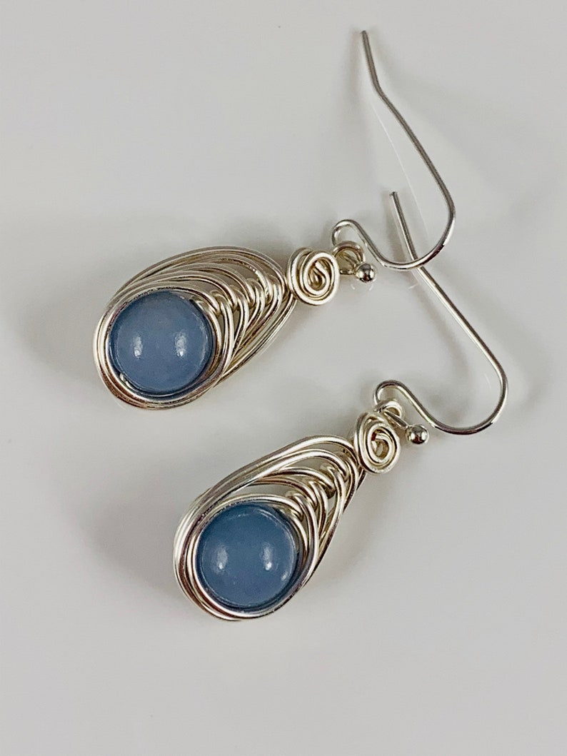 Silver Dangle Angelite Earrings, Genuine Gemstone, Spiritual Healing Crystal Jewelry, Wire Wrapped, Peaceful Energy, Calming Soothing image 4