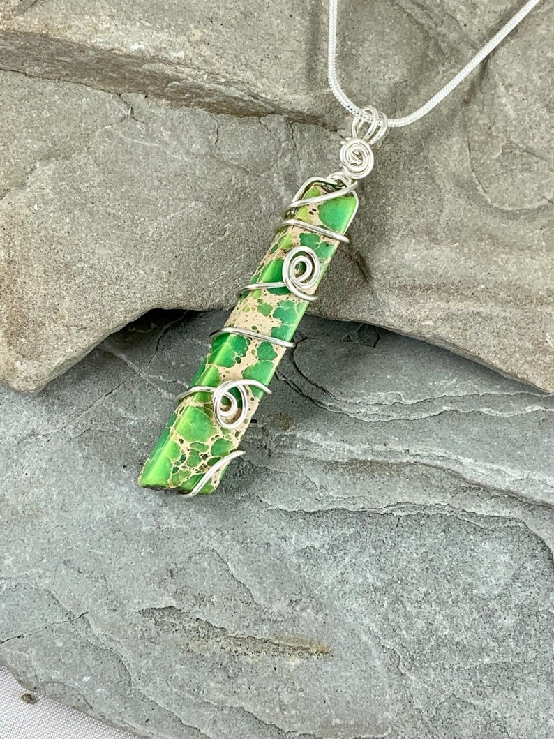 Green Sea Sediment Jasper Necklace, Terra Jasper Long Stone Pendant, Wire Wrapped Bohemian Jewelry Gift for Her, Wire Wrap Pendant image 1