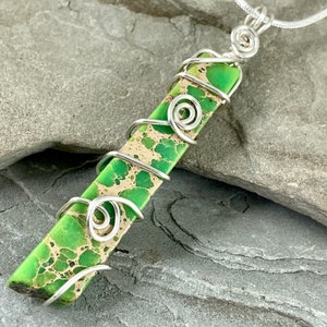 Green Sea Sediment Jasper Necklace, Terra Jasper Long Stone Pendant, Wire Wrapped Bohemian Jewelry Gift for Her, Wire Wrap Pendant image 6