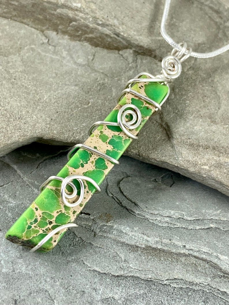 Green Sea Sediment Jasper Necklace, Terra Jasper Long Stone Pendant, Wire Wrapped Bohemian Jewelry Gift for Her, Wire Wrap Pendant image 6