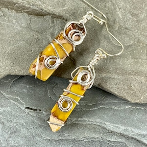 Yellow Sea Sediment Jasper Earrings, Yellow  Stone Dangle Earrings for women, Wire Wrapped Bohemian Jewelry Gift for Her, Terra Jasper