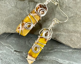 Yellow Sea Sediment Jasper Earrings, Yellow  Stone Dangle Earrings for women, Wire Wrapped Bohemian Jewelry Gift for Her, Terra Jasper