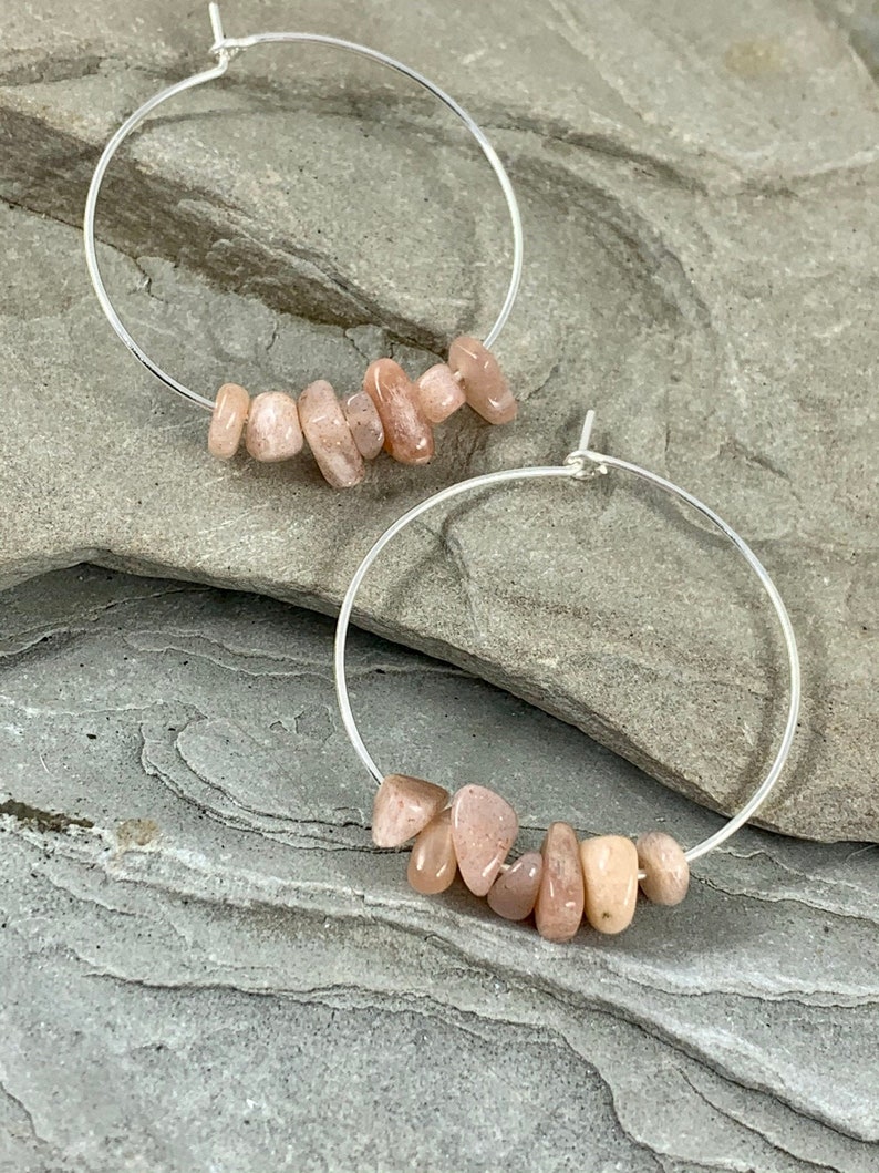 Sunstone Silver Hoops, Sterling Silver Beaded Hoop Earrings, Genuine Gemstone, 35mm Medium Hoops, Hypoallergenic Lightweight image 1