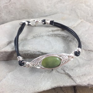 Connemara Marble Bracelet, Celtic Leather Bracelet, Green Wire Wrapped stone layering Bracelet, Irish Jewelry Gift