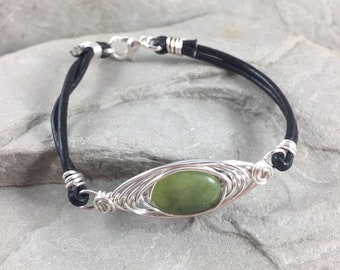 Connemara Marble Bracelet, Celtic Leather Bracelet, Green Wire Wrapped stone layering Bracelet, Irish Jewelry Gift