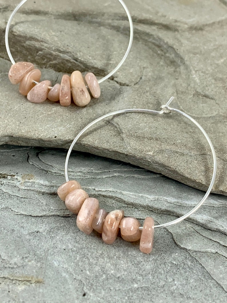 Sunstone Silver Hoops, Sterling Silver Beaded Hoop Earrings, Genuine Gemstone, 35mm Medium Hoops, Hypoallergenic Lightweight image 2