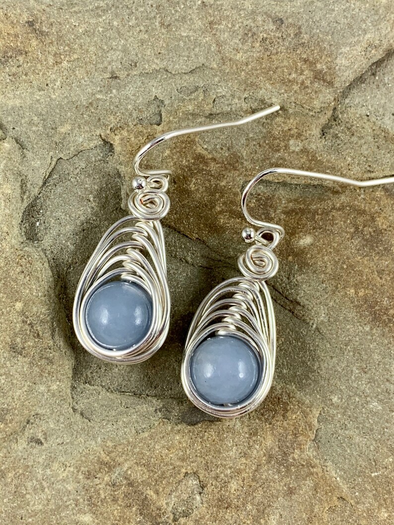 Silver Dangle Angelite Earrings, Genuine Gemstone, Spiritual Healing Crystal Jewelry, Wire Wrapped, Peaceful Energy, Calming Soothing image 1