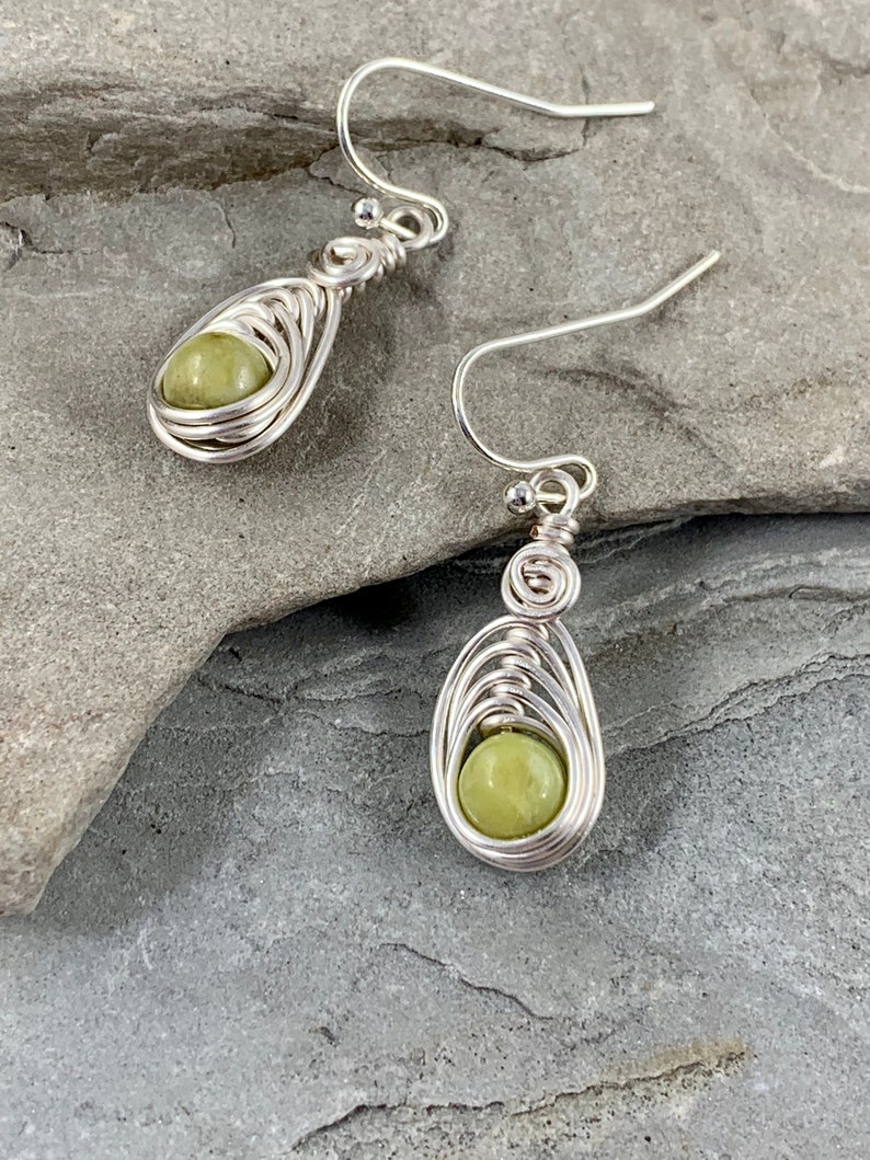 Dainty Natural Peridot Earrings for Women, Wire wrapped Green Gemstone Dangle Earrings, August Birthstone Gift for Her image 5
