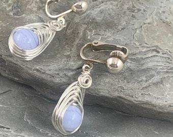 Blue Lace Agate Clip On Earrings for Women, Handmade Wire Wrapped Jewelry,  Hypo-Allergenic Dangle Clip Earrings