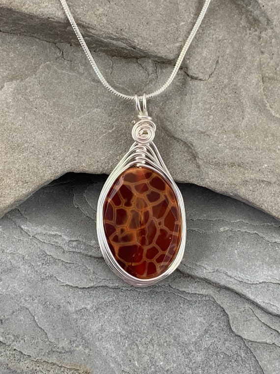 Natural Fire Agate Pendant with chain, Burnt Orange Faceted Gemstone Necklace, Powerful Protection and Grounding Stone with Soothing Energy.