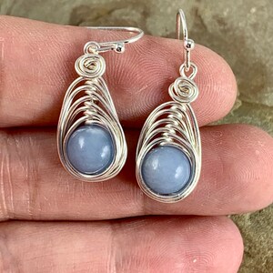 Silver Dangle Angelite Earrings, Genuine Gemstone, Spiritual Healing Crystal Jewelry, Wire Wrapped, Peaceful Energy, Calming Soothing image 3