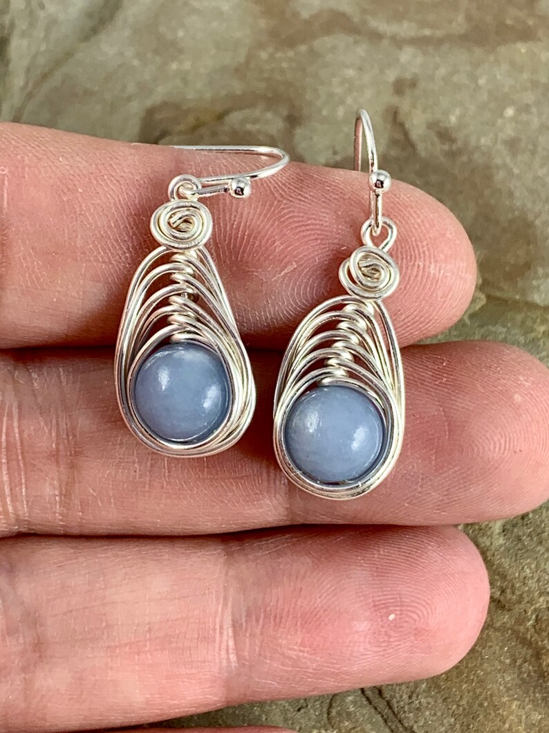 Silver Dangle Angelite Earrings, Genuine Gemstone, Spiritual Healing Crystal Jewelry, Wire Wrapped, Peaceful Energy, Calming Soothing image 3