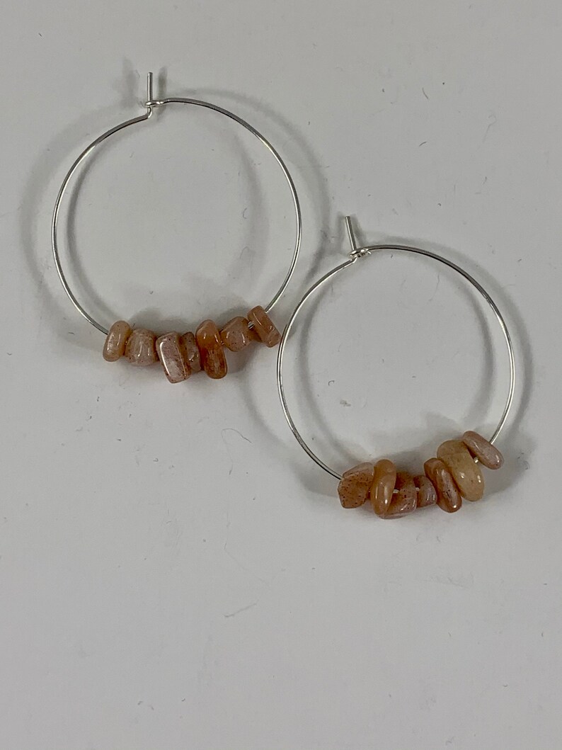 Sunstone Silver Hoops, Sterling Silver Beaded Hoop Earrings, Genuine Gemstone, 35mm Medium Hoops, Hypoallergenic Lightweight image 6