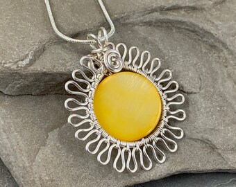 yellow Mother of Pearl Necklace, Shell Pendant with Silver Chain, Beach Jewelry, Wire Wrapped Flower Necklace, Seachell Necklace