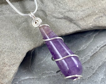 Natural Amethyst Rounded Teardrop Necklace for Women, Handmade Wire Wrapped Amethyst Crystal Pendant,  February Birthstone Gift for Her