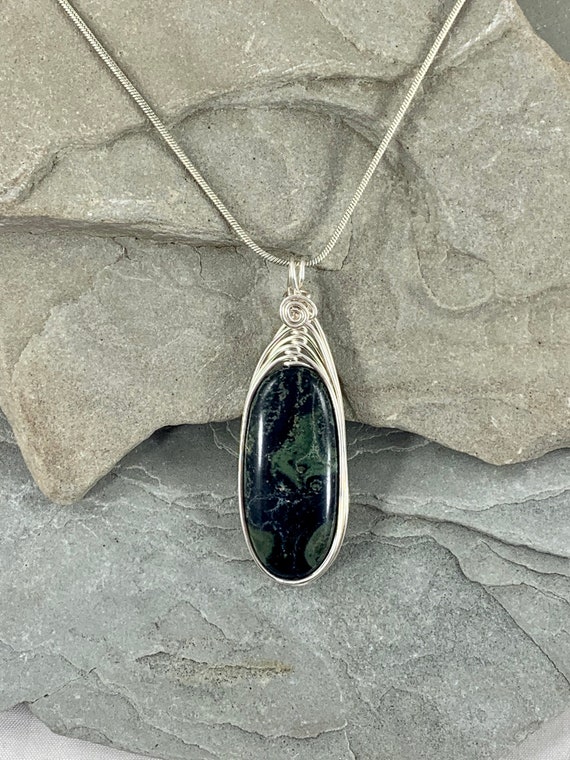 Kambaba Jasper Pendant Wire Wrapped Green Natural Stone Necklace Silver Unique Statement Jewelry Nature Lover Gift Calming Healing Etsy